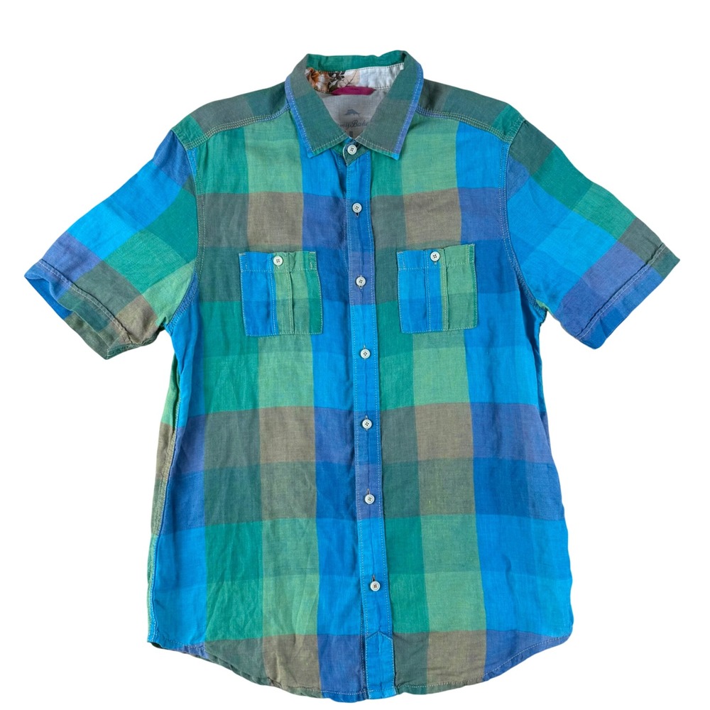 Tommy Bahama Relax 100% Linen‎ Plaid Shirt Women's S Blue Green